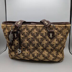 Brighton Women's Straw Shoulder Bag Leather Trim Large, Silver and Wood Hardware